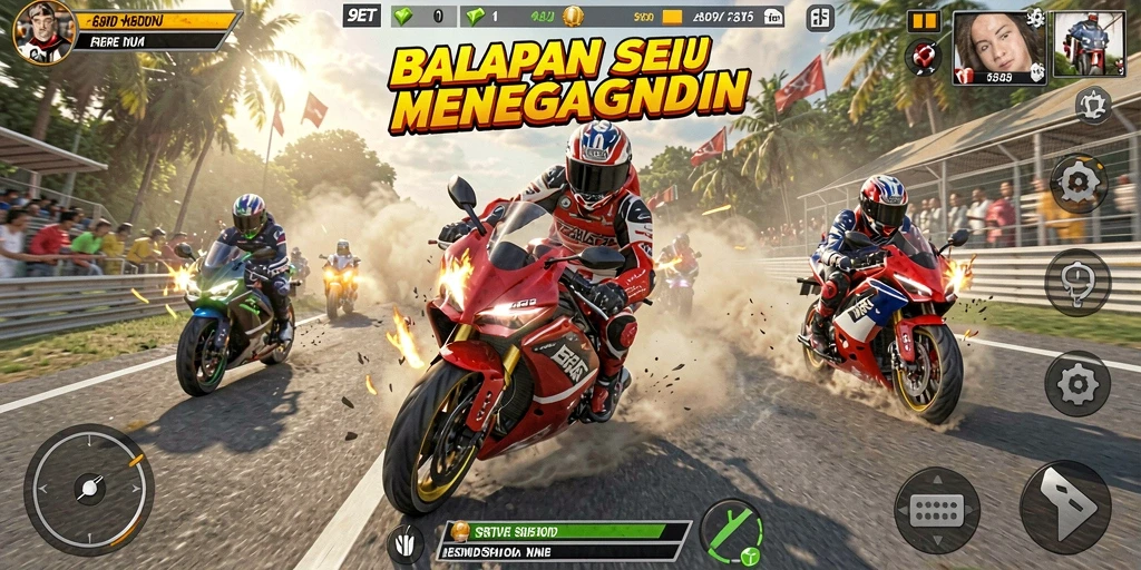 Gameplay 9ET dengan motor balap yang menegangkan di berbagai trek.