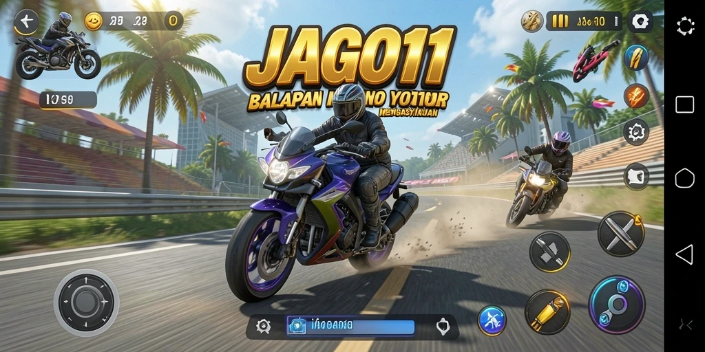 Tampilan gameplay JAGO11 yang mendebarkan dan penuh aksi balapan motor.