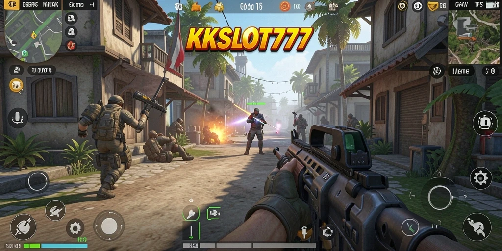 Screenshot utama KKSLOT777 menampilkan aksi pertempuran yang seru dalam gameplay TPS.