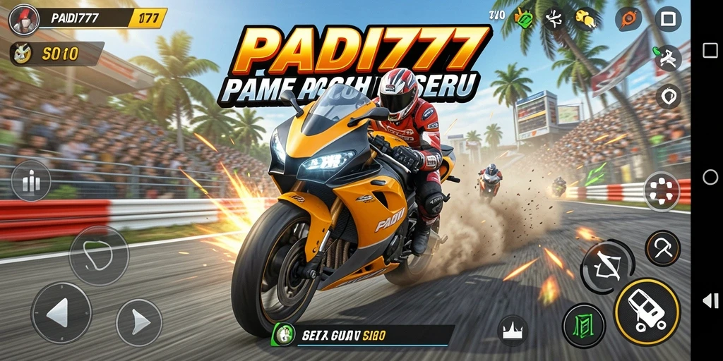 Screenshot utama PADI777 menampilkan aksi balap motor yang intens.