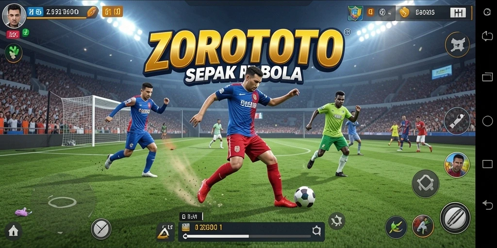 Tampilan gameplay ZOROTOTO yang penuh aksi di lapangan sepak bola.